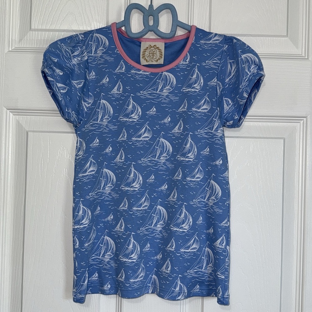 The Beaufort Bonnet Blue Sailboat Print Girls Shirt